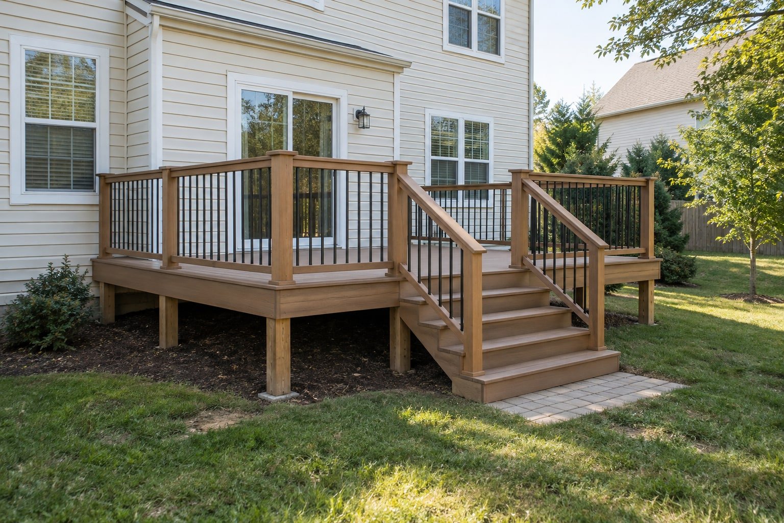 Composite deck with black balusters and steps attached to the rear of a two-story house.