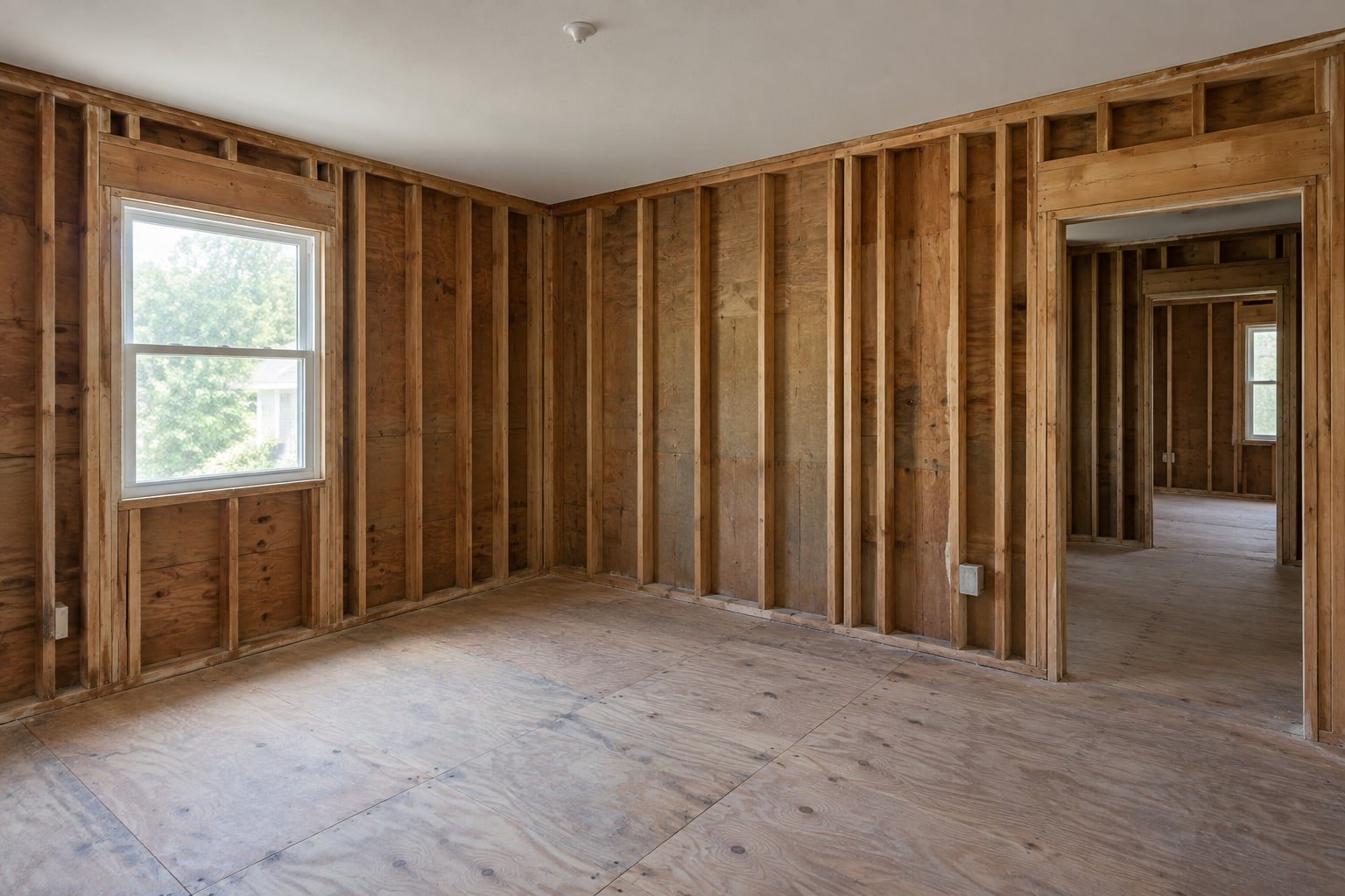 Interior stripped to bare wall studs and plywood subfloor.