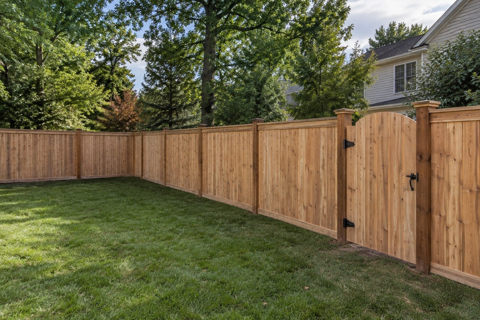New cedar privacy fence with an arched gate along a lawn.