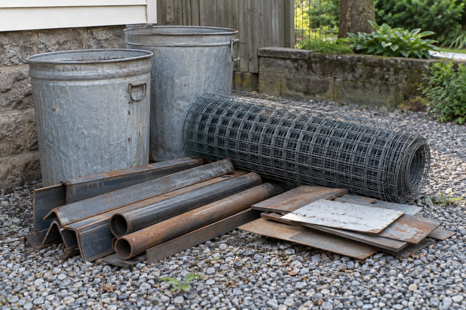 Sorted scrap metal: steel angle and pipe, sheet offcuts, wire mesh roll and galvanized cans on gravel.