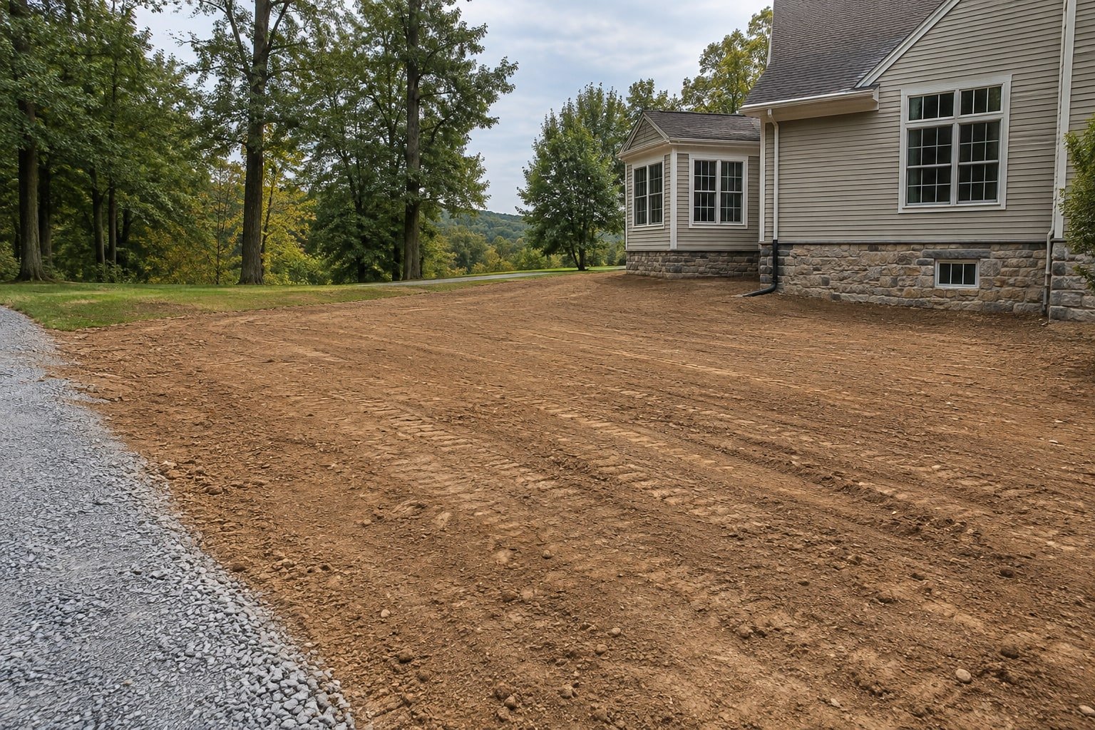 Freshly graded bare soil sloping away from a house with a stone foundation.