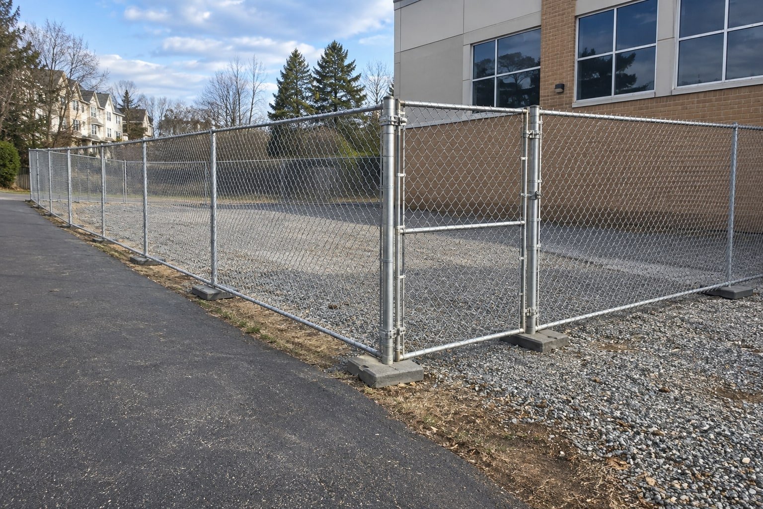 Chain-link temporary fence panels on weighted bases around a gravel work area.