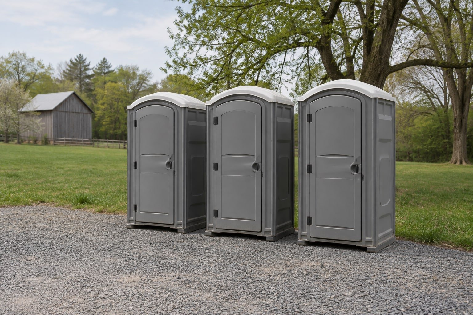 Row of three gray portable restrooms set on gravel beside a lawn.