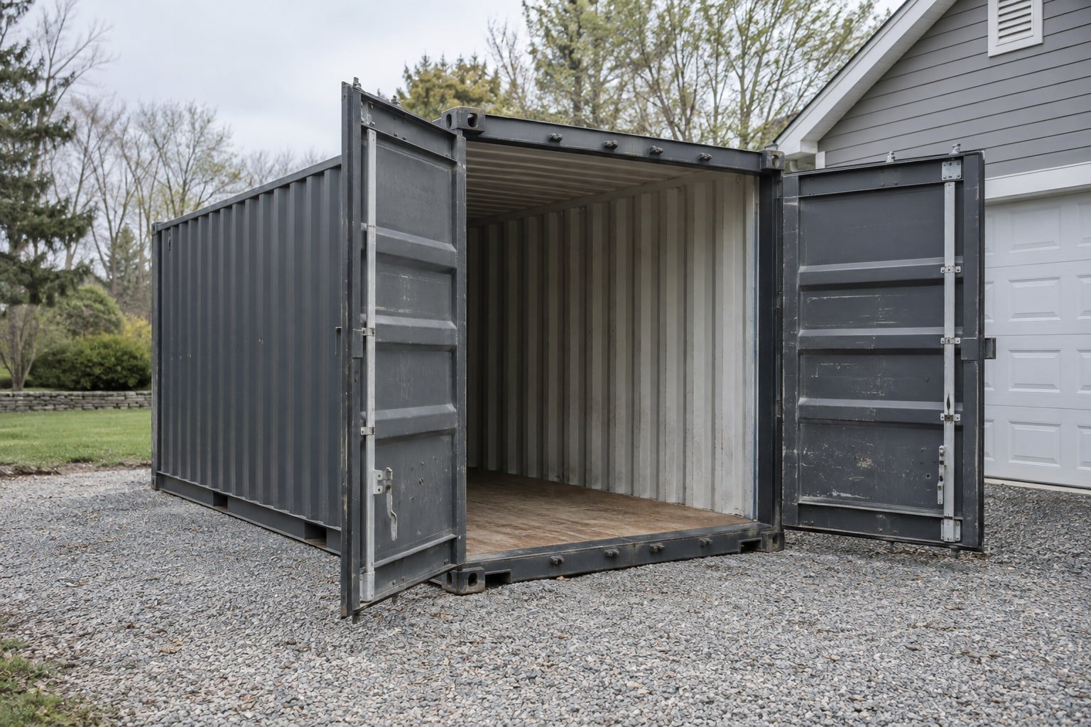 Gray steel storage container with both doors open on gravel beside a garage.