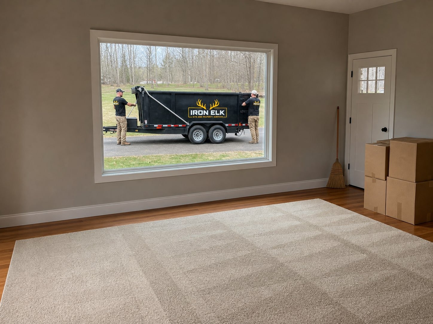 An emptied living room with a broom leaning by the door.