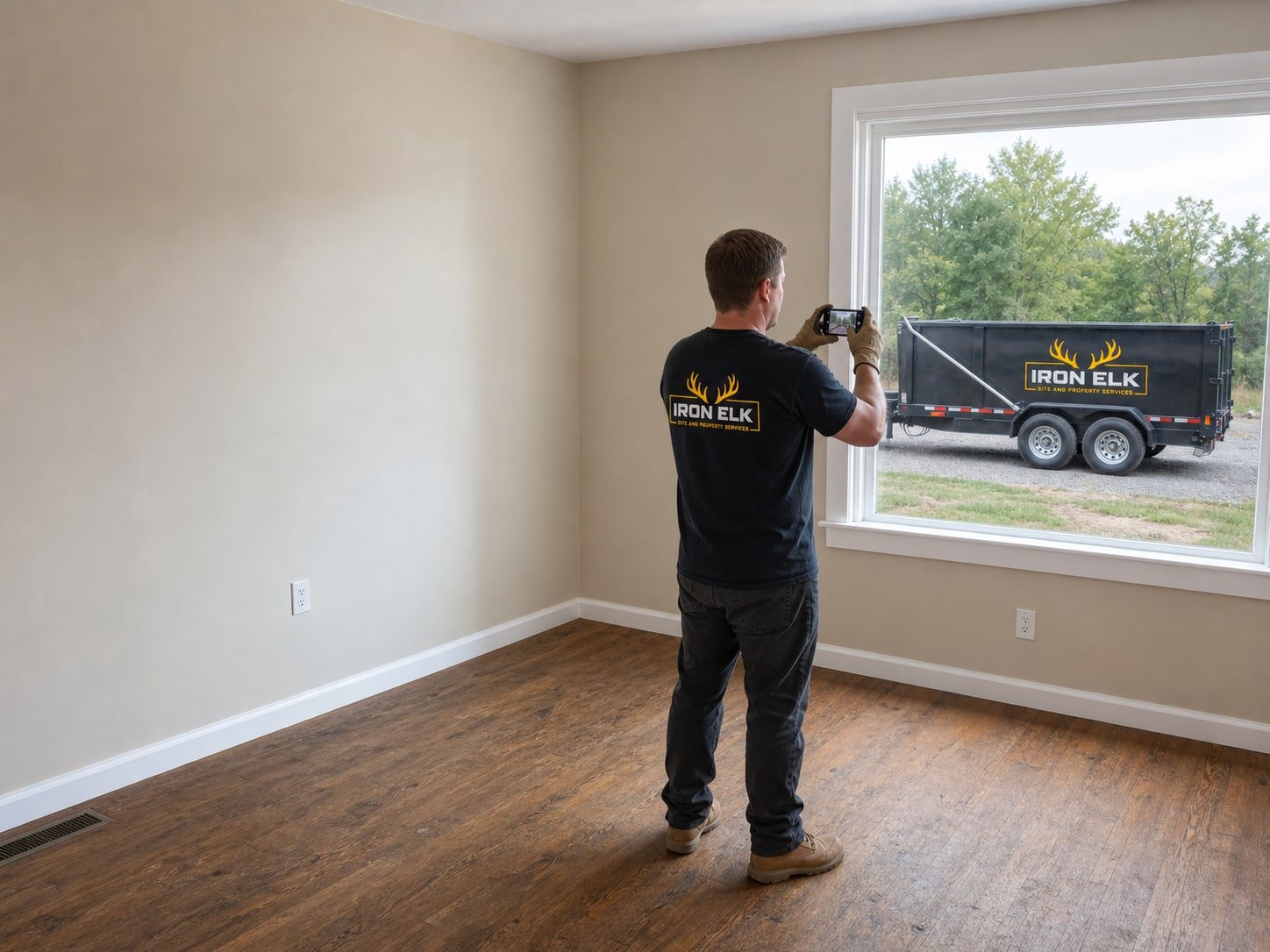 A crew member photographing an empty room.
