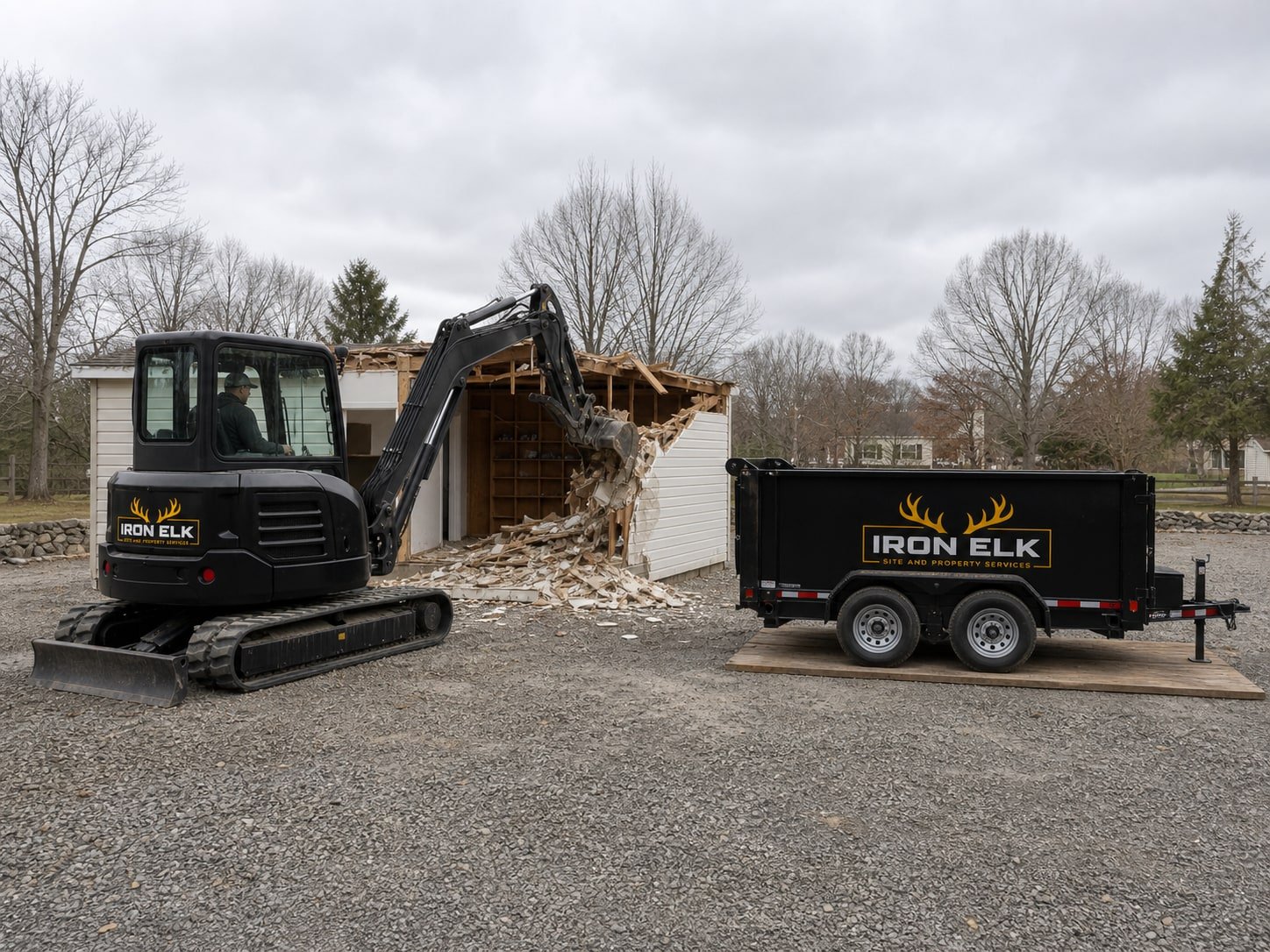 A detached garage half demolished.
