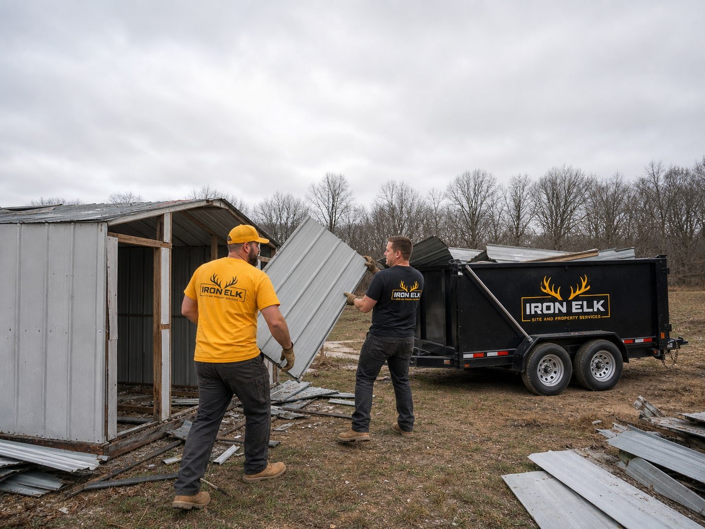 A metal shed coming down panel by panel.