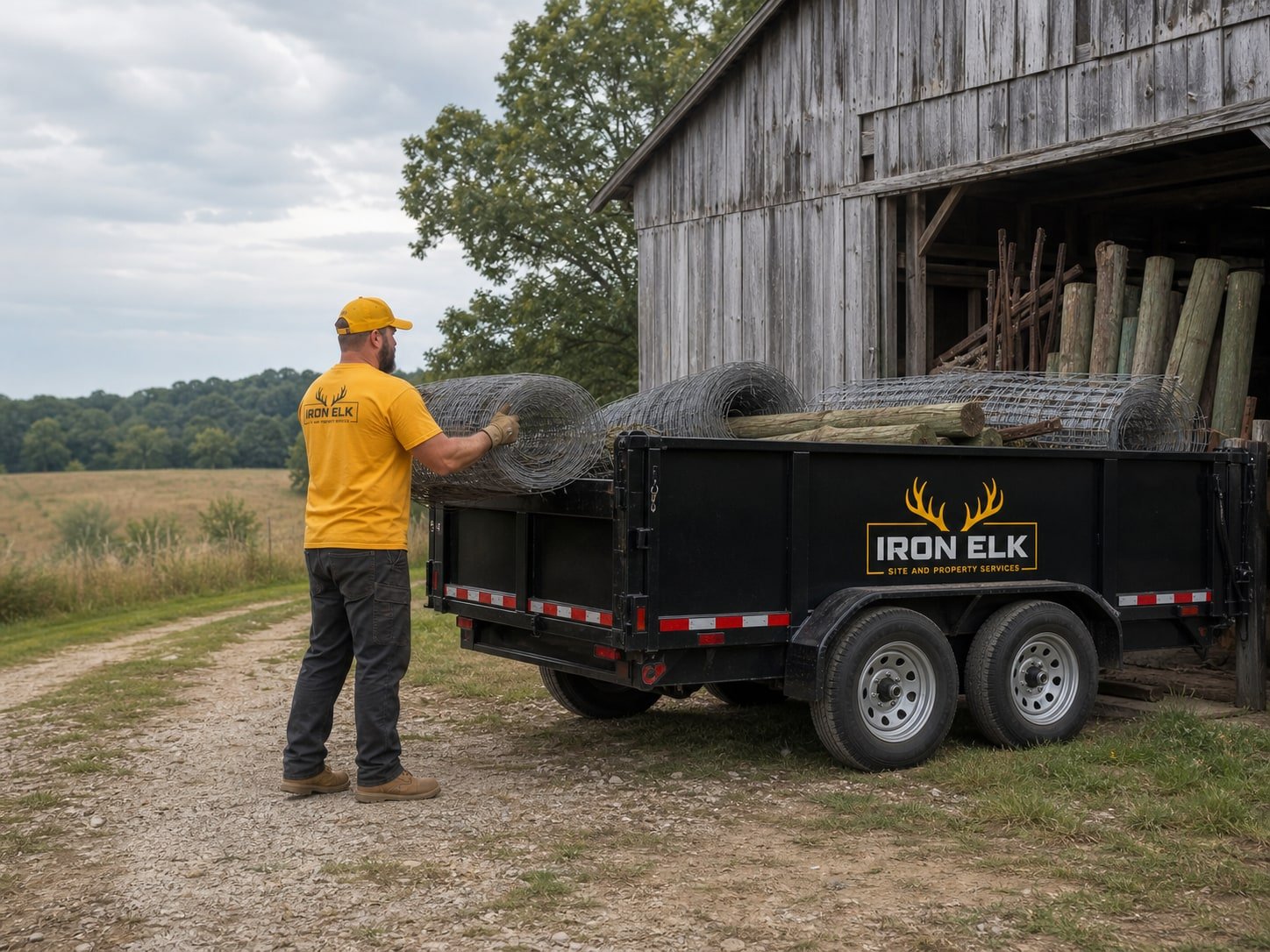 The trailer loaded with fence wire and scrap beside a barn.