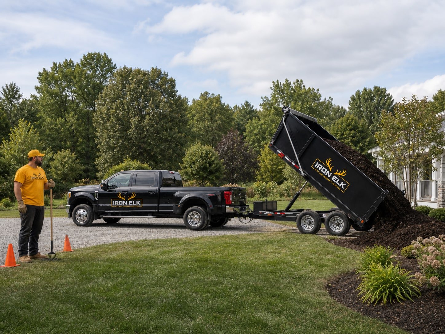 Mulch being dumped from the trailer beside a flower bed.