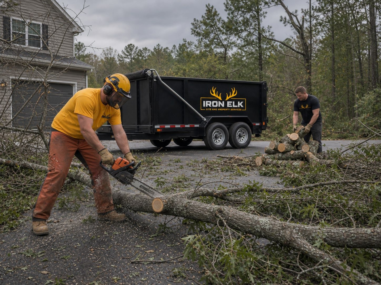 A crew cutting up a downed limb across a driveway.