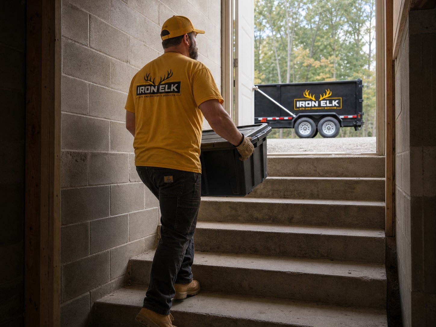 A crew member carrying a tote up basement stairs.