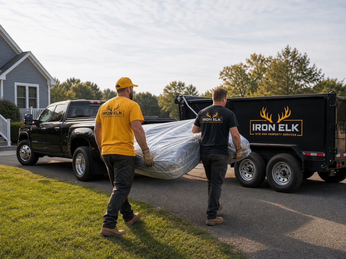 A mattress being carried out to the trailer.