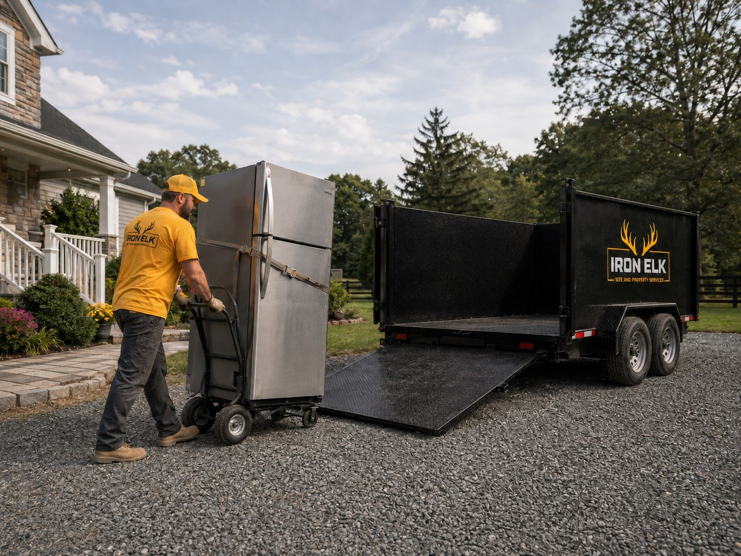 A refrigerator strapped upright on a dolly at the front steps.