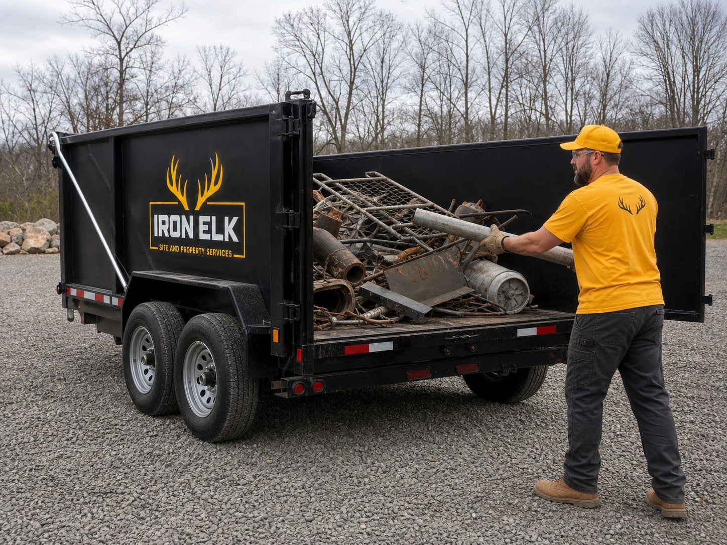 A pile of scrap metal loaded in the trailer.