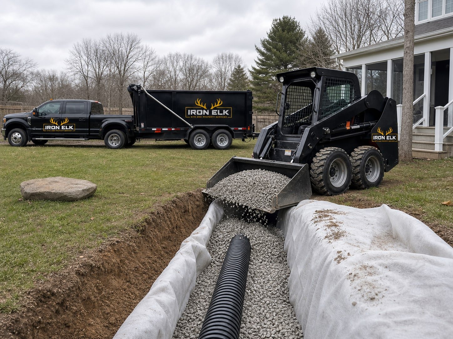 A French drain trench with gravel and pipe laid in.