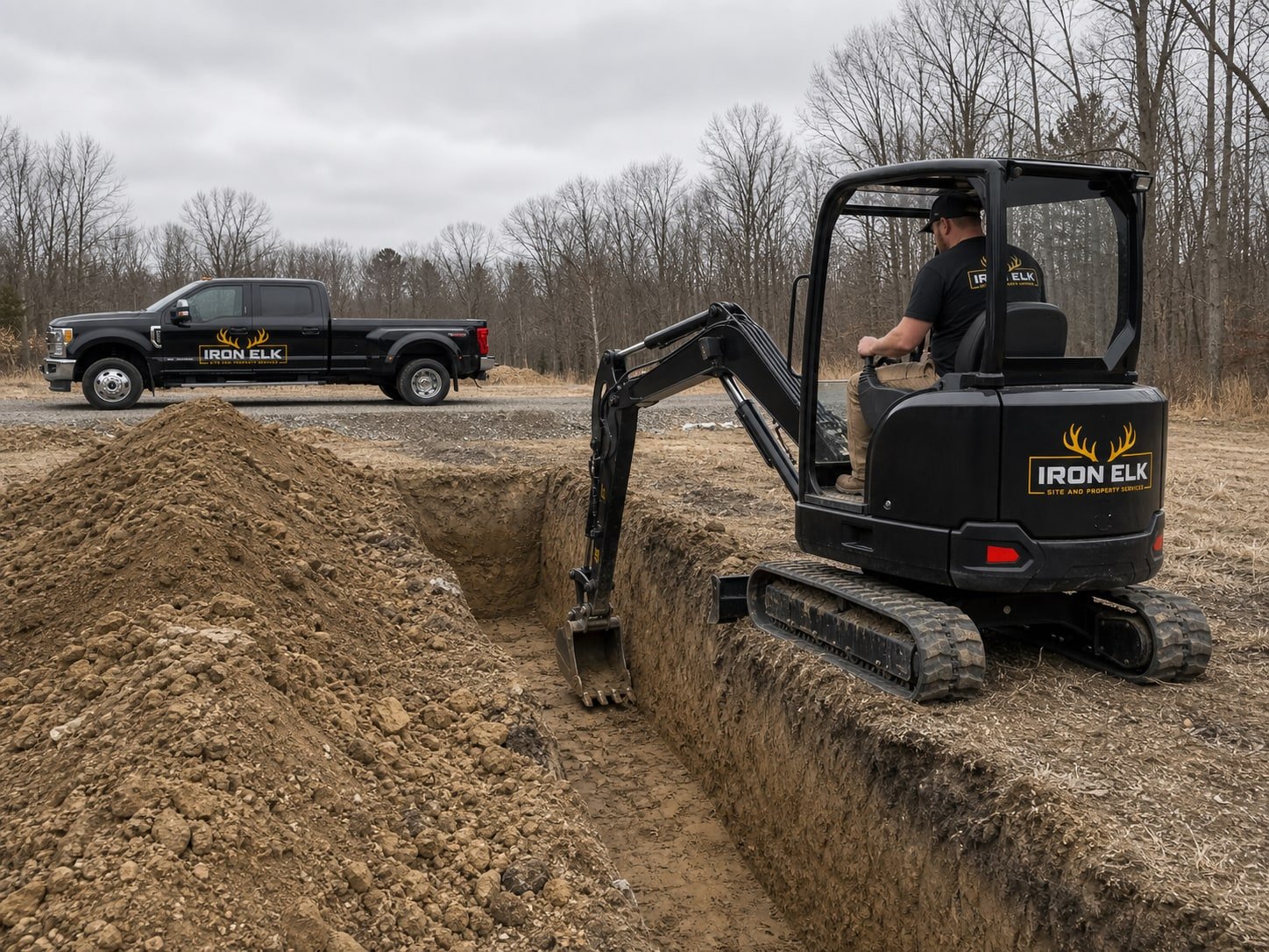 An excavator digging a foundation trench.