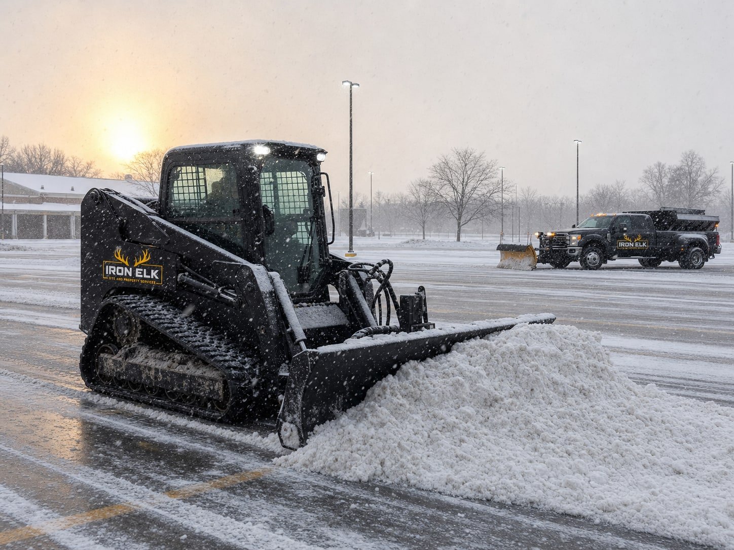 A skid steer pushing snow across a parking lot.