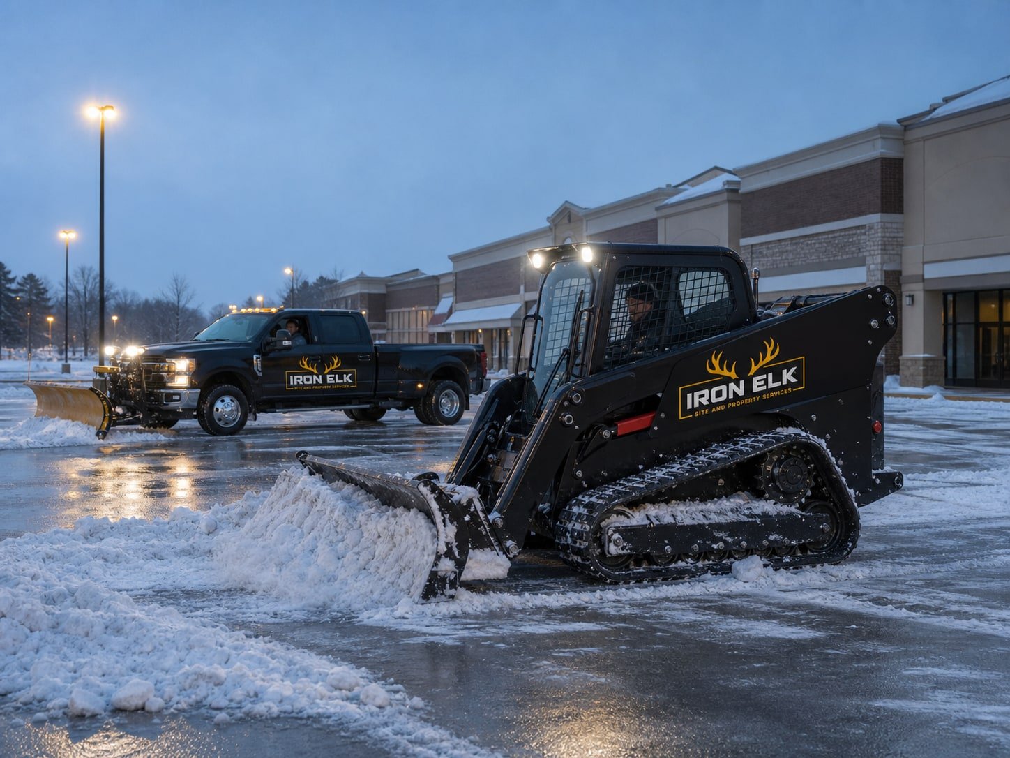 A skid steer pushing snow across a parking lot.