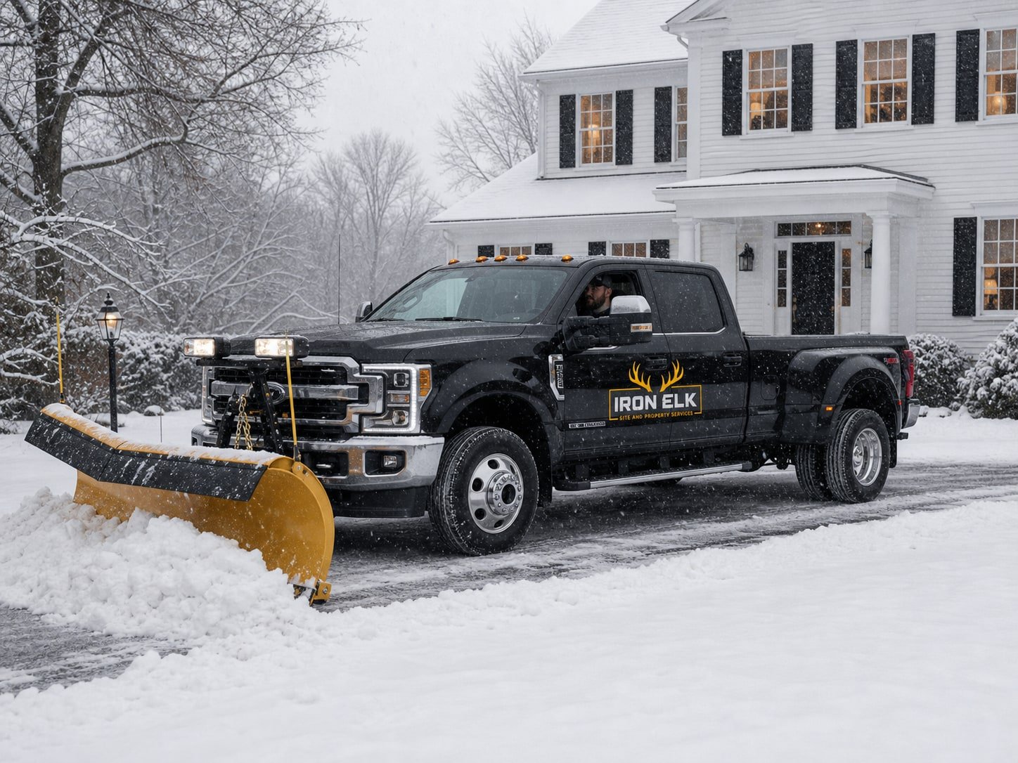 A pickup with a plow clearing a driveway.