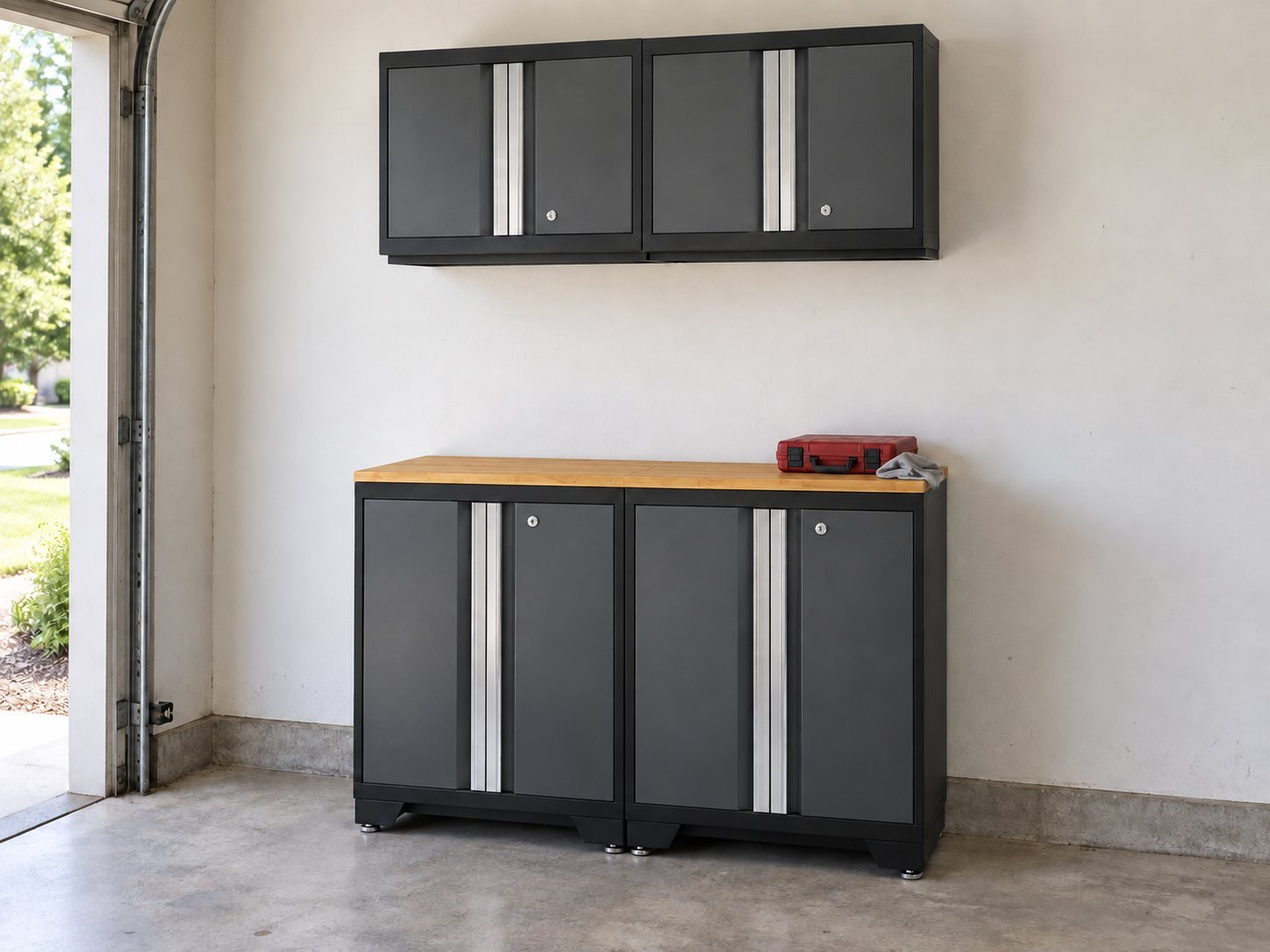 Example cabinet workstation: two gray double-door wall cabinets above two gray double-door base cabinets with a bamboo worktop.