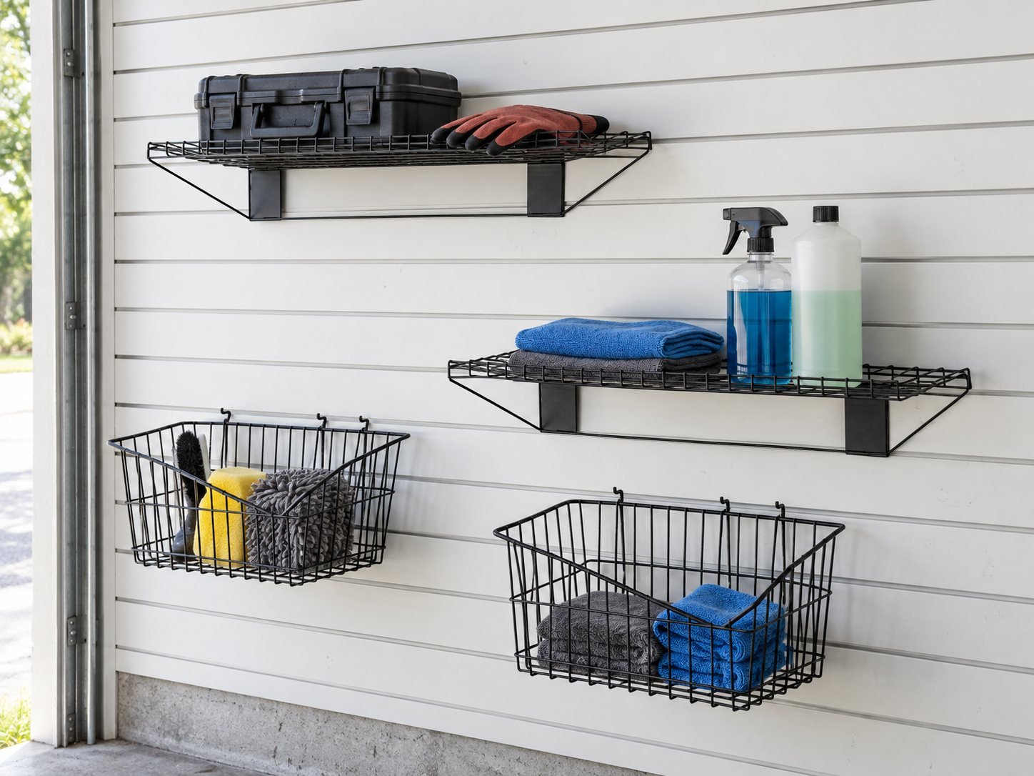 Example added wall storage on white slatwall: two wire shelves and two wire baskets holding a tool case, gloves, towels and cleaning supplies.