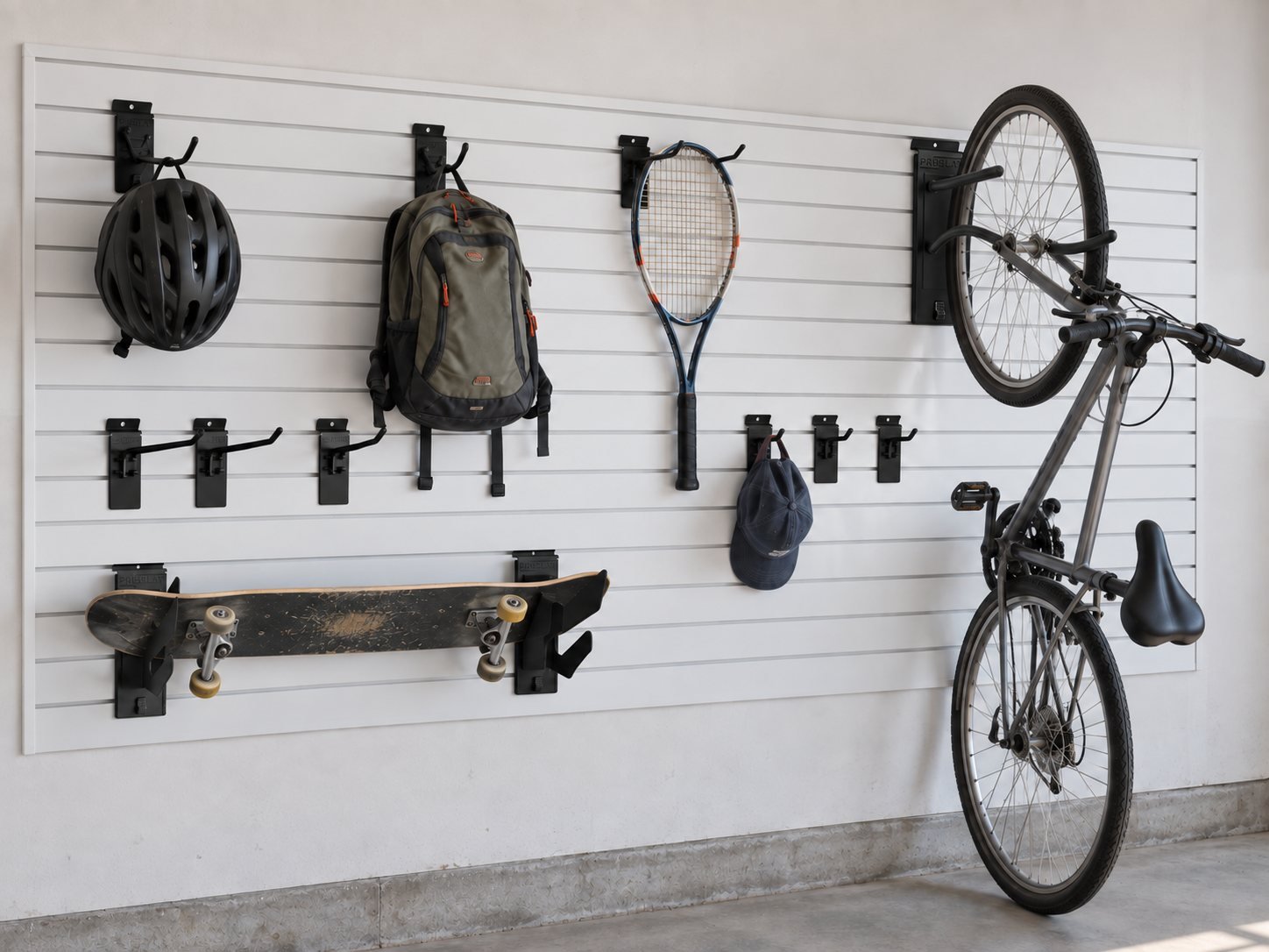 Example sports and bike storage on white slatwall: a bike hung by its front wheel beside hooks holding a helmet, backpack, tennis racket, cap and skateboard.