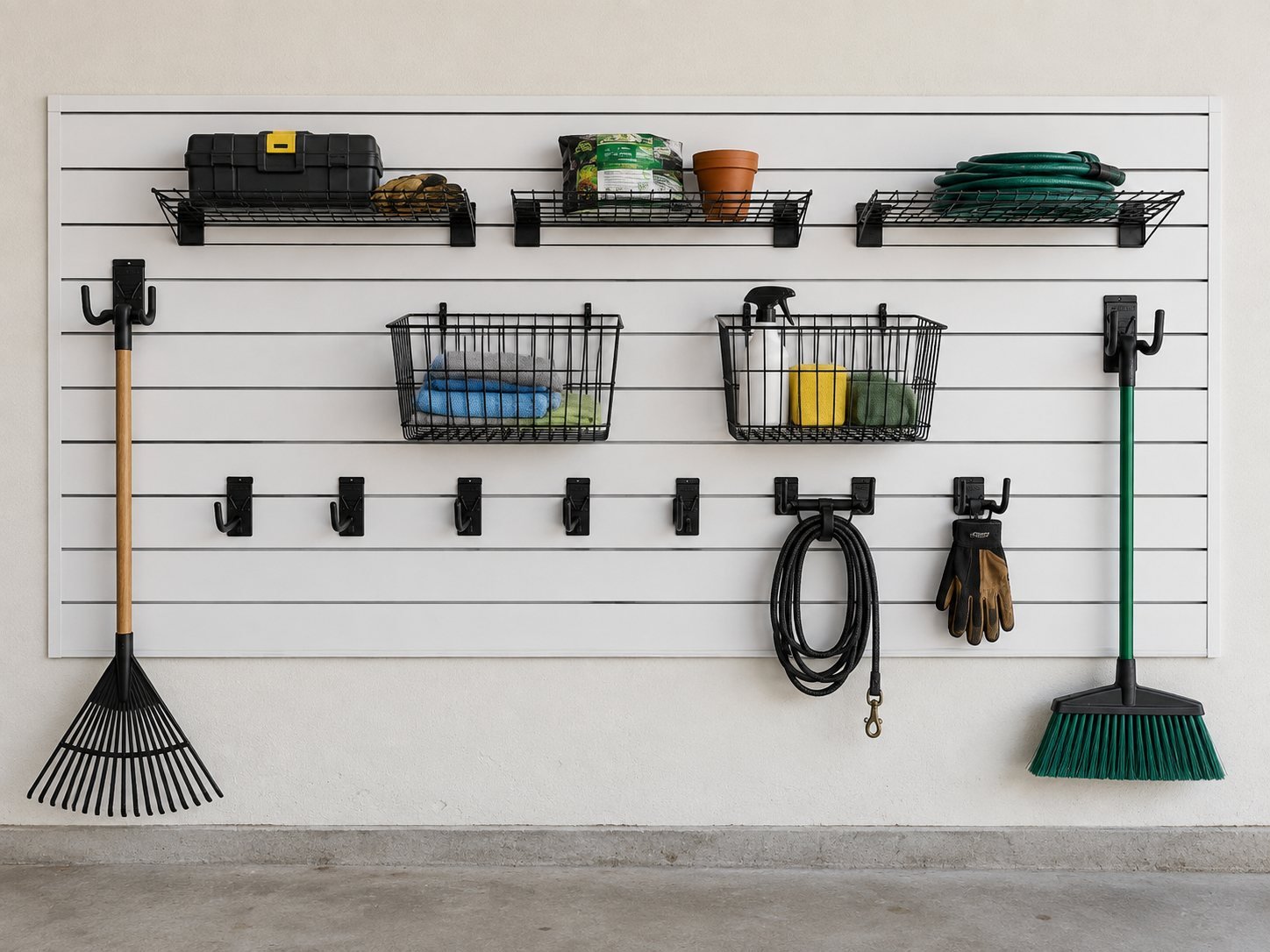 Example garage wall storage: a white slatwall panel with three wire shelves, two wire baskets and black hooks holding a rake, broom, hose and gloves.