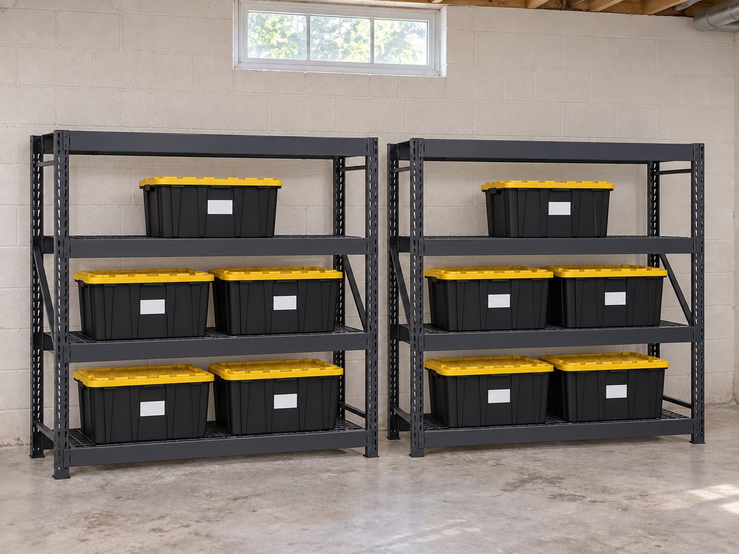 Example heavy-duty basement storage: two wide black steel racks against a block wall, each holding five black bins with yellow lids.