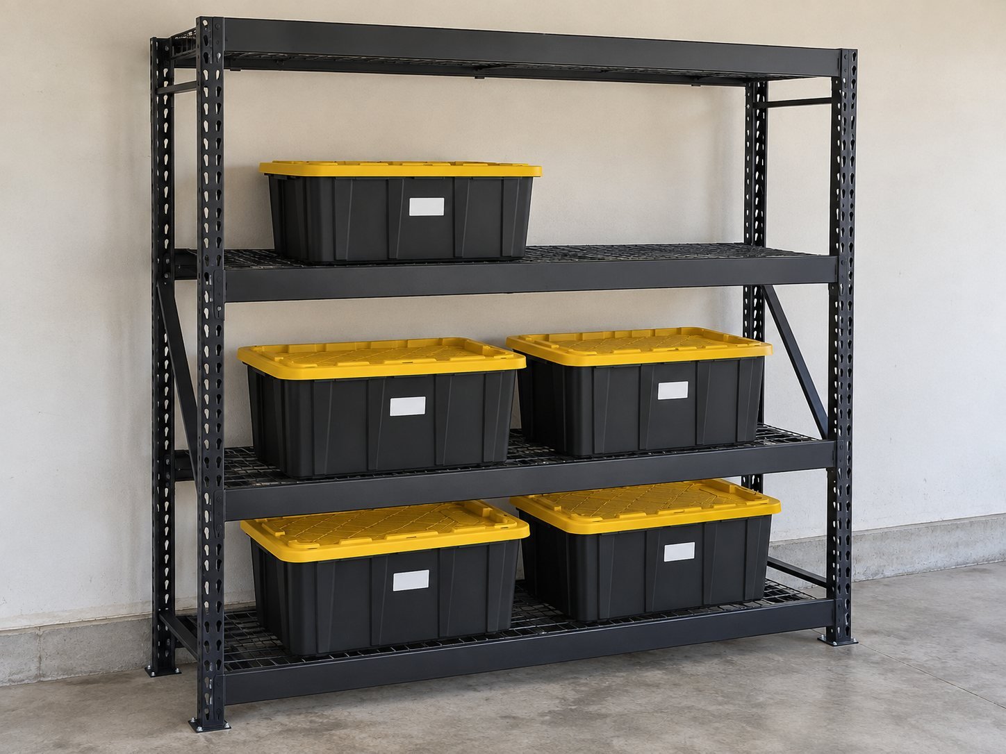 Example wide heavy-duty rack: one black steel rack holding five black bins with yellow lids.