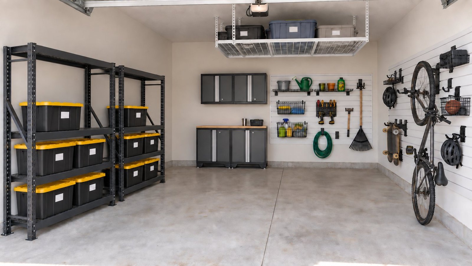 Example garage storage layout with two wide steel racks of black yellow-lid bins, gray wall and base cabinets with a wood worktop, white slatwall with shelves, baskets and tools, a wall-hung bike and sports gear, and an overhead ceiling rack holding bins.