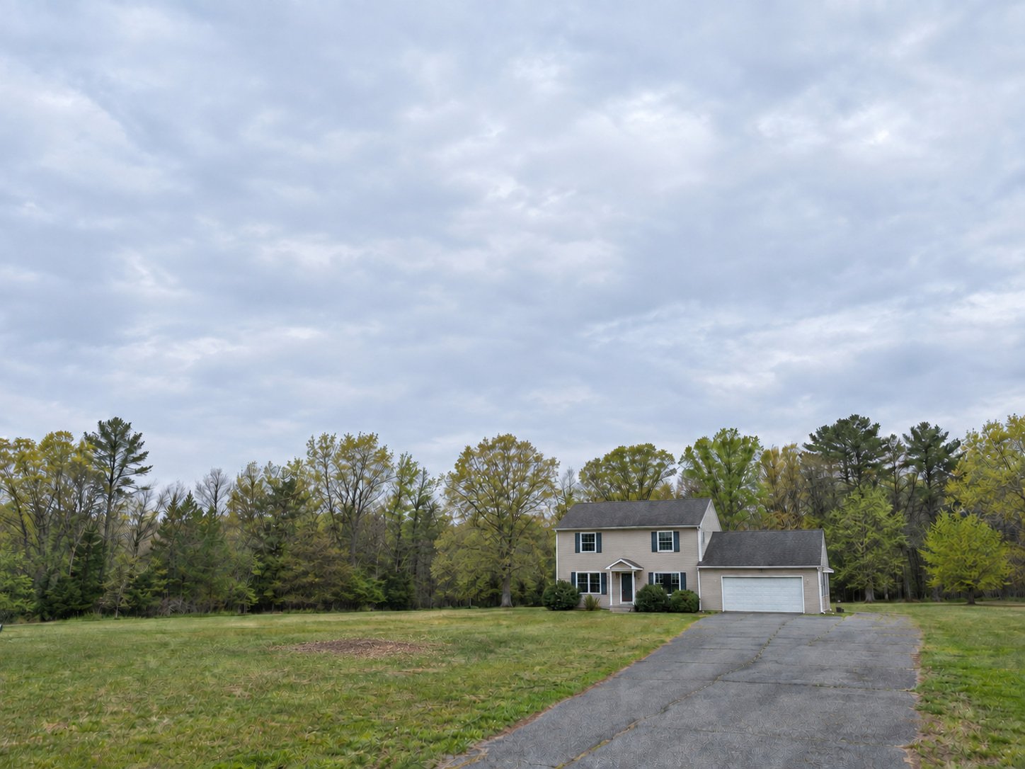 The same driveway frontage after the large pine was removed and the stump ground out, leaving a level soil-and-chip patch beside the drive.