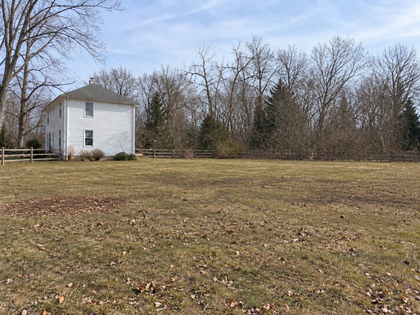 The same winter side yard after the fallen oak was removed and the stump ground out, leaving a level patch of soil and fine chips in the dormant lawn.
